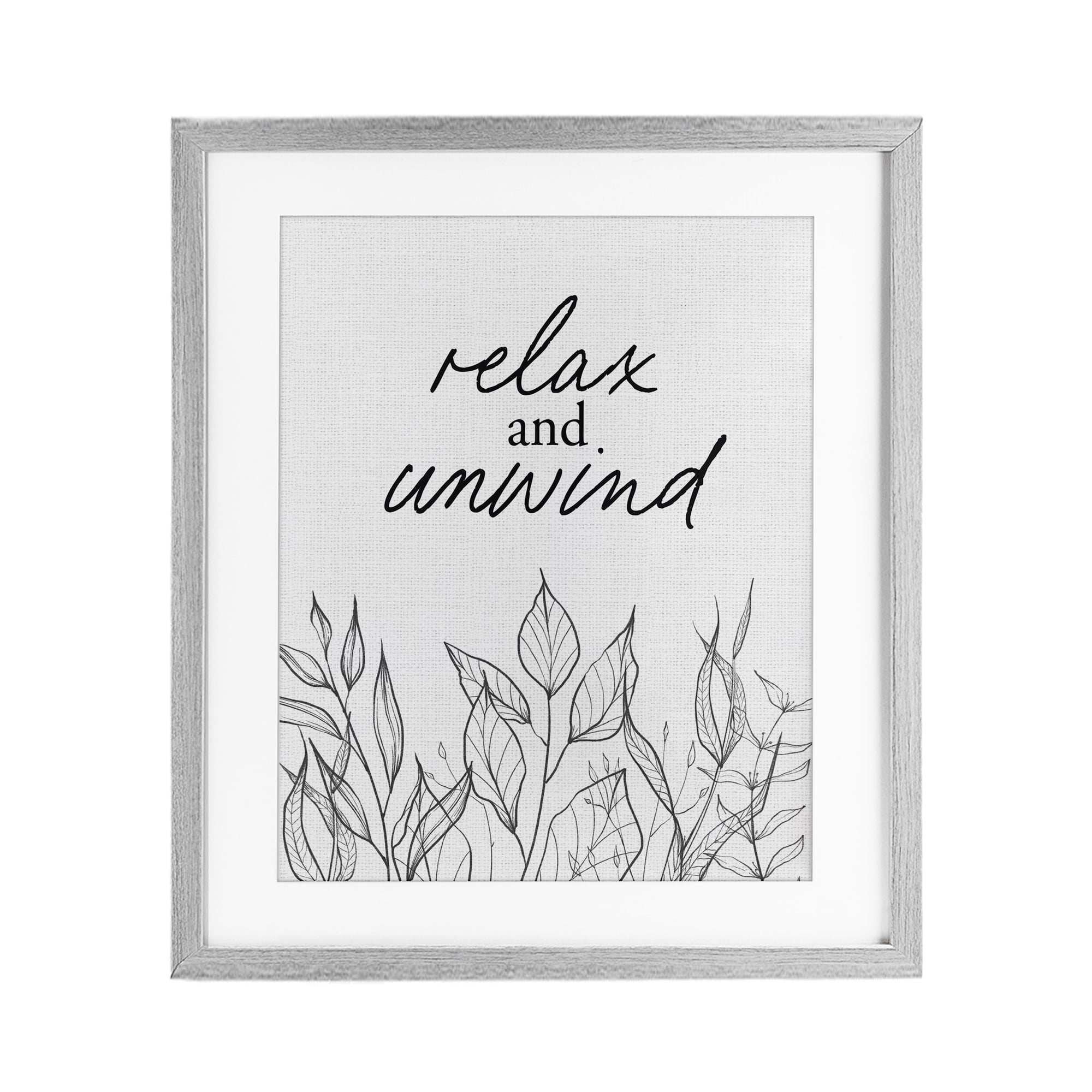 Relax Unwind Minimalist Leaves Gray Framed Print Under Glass, design by Lettered and Lined