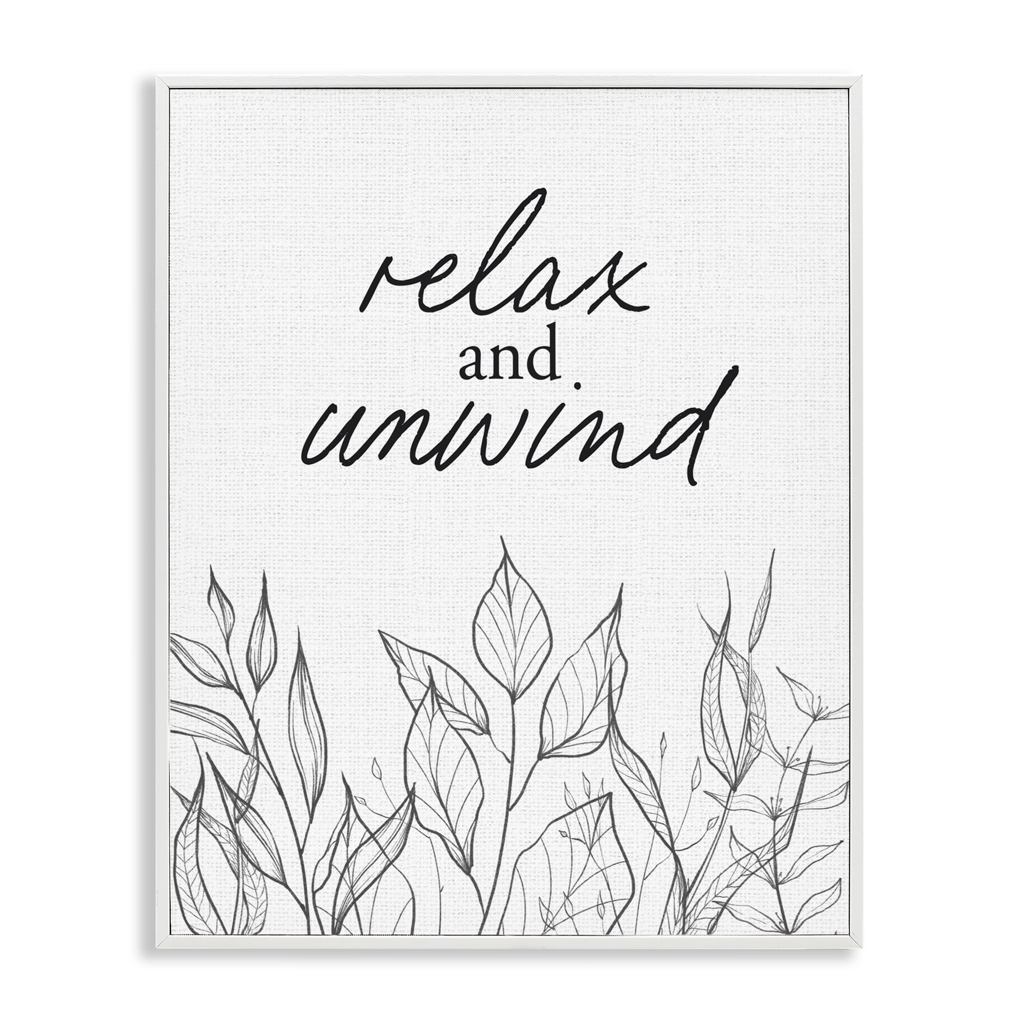 Relax Unwind Minimalist Leaves White Framed Giclee Art, design by Lettered and Lined
