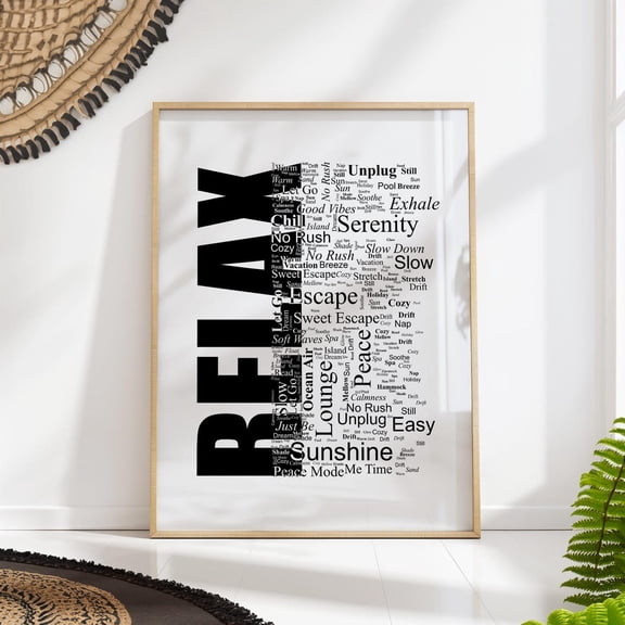Relax Word Cloud Typography Spa Bathroom Wall Art, Unframed Canvas 16x20in