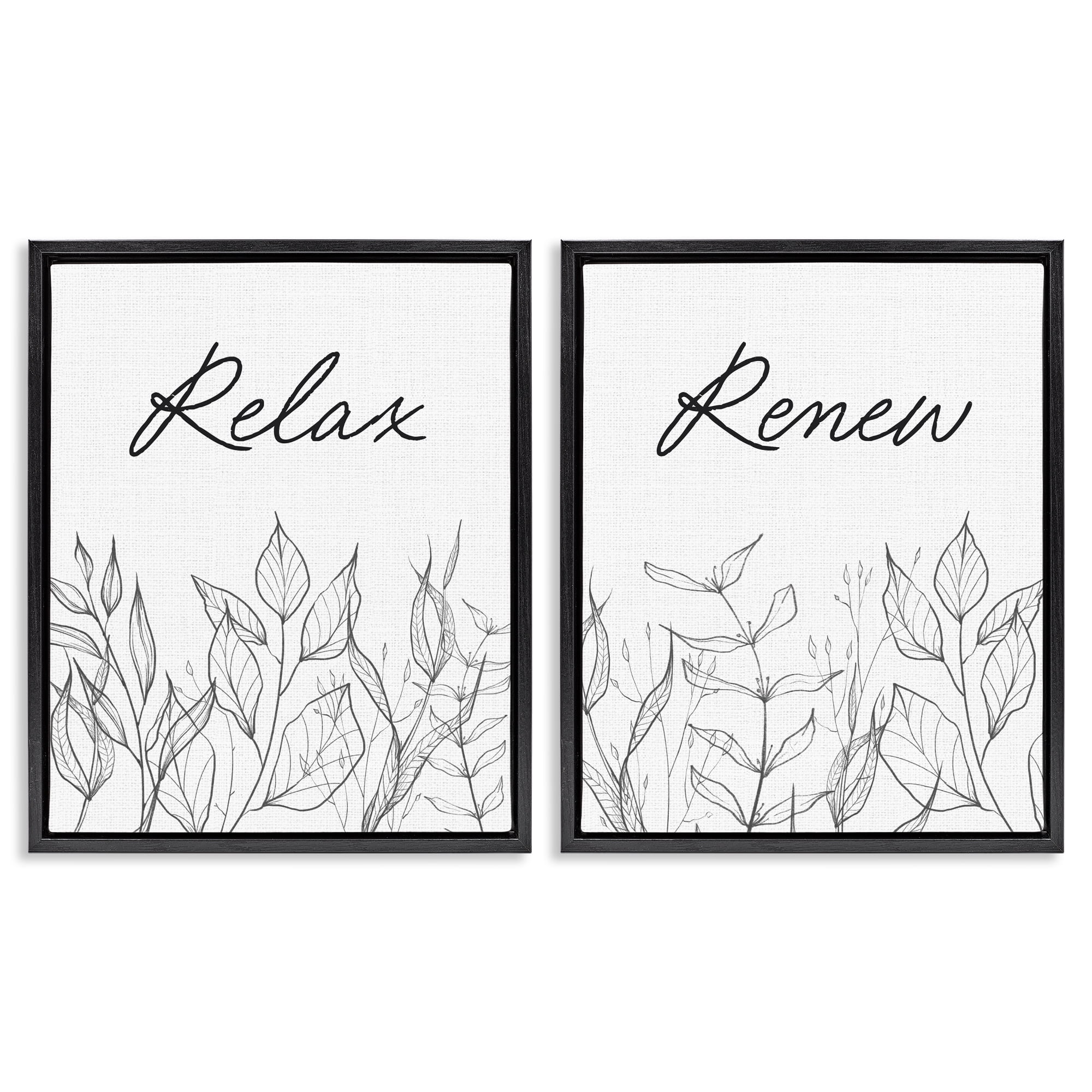 Relax and Renew Leaf Outlines 2 Piece Black Framed Floater Canvas Set, design by Lettered and Lined