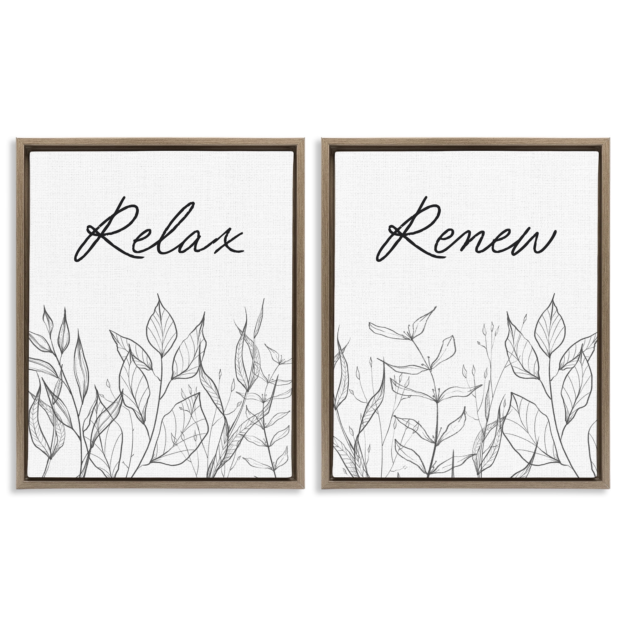 Relax and Renew Leaf Outlines 2 Piece Brown Framed Floater Canvas Set, design by Lettered and Lined