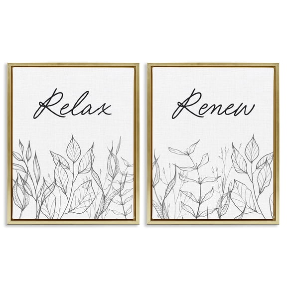 Relax and Renew Leaf Outlines 2 Piece Gold Framed Floater Canvas Set, design by Lettered and Lined