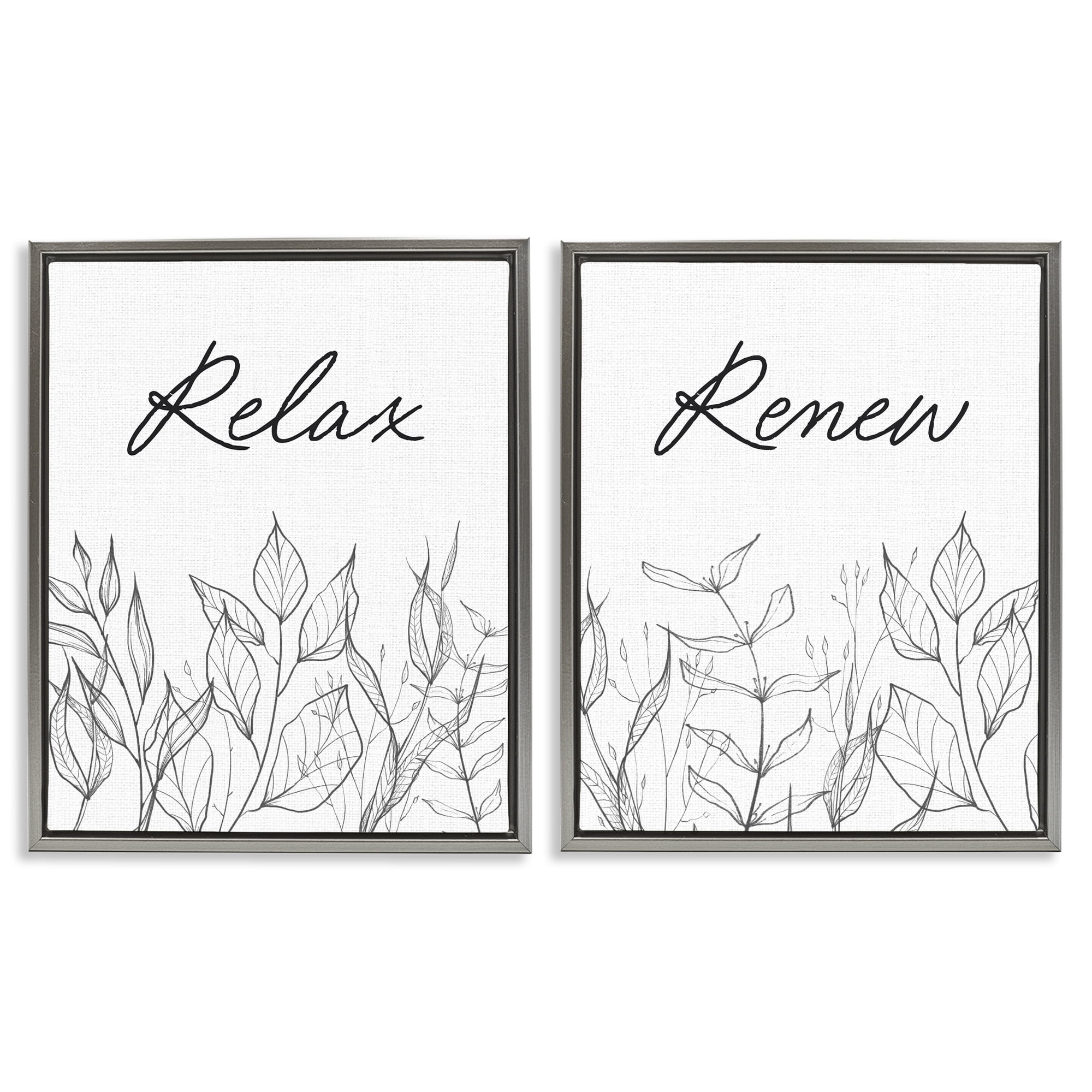 Relax and Renew Leaf Outlines 2 Piece Gray Framed Floater Canvas Set, design by Lettered and Lined