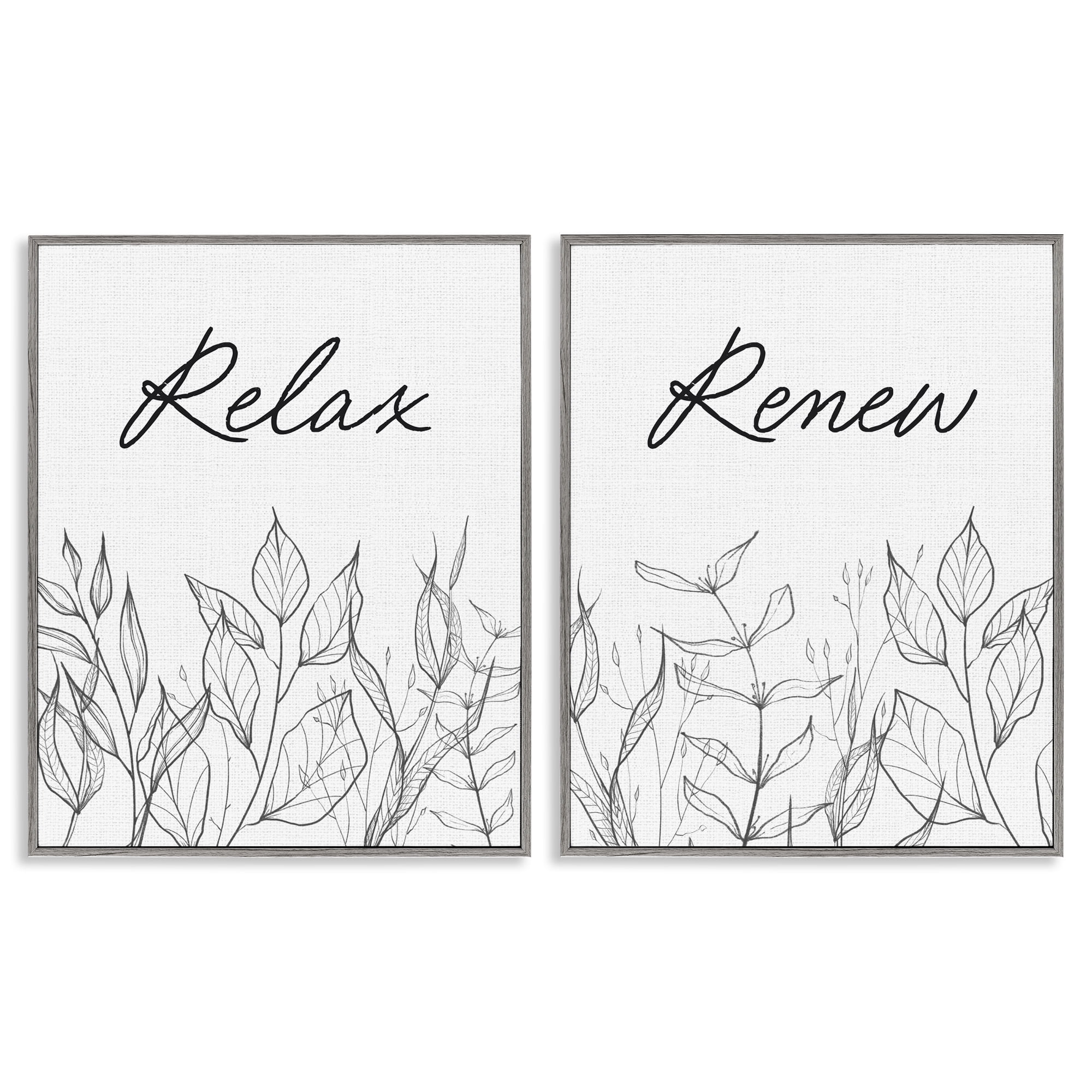 Relax and Renew Leaf Outlines 2 Piece Gray Framed Giclee Art Set, design by Lettered and Lined