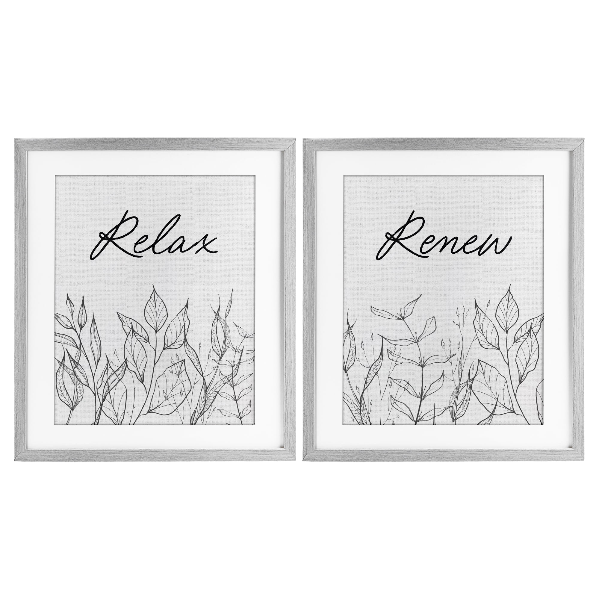 Relax and Renew Leaf Outlines 2 Piece Gray Framed Print Under Glass Set, design by Lettered and Lined
