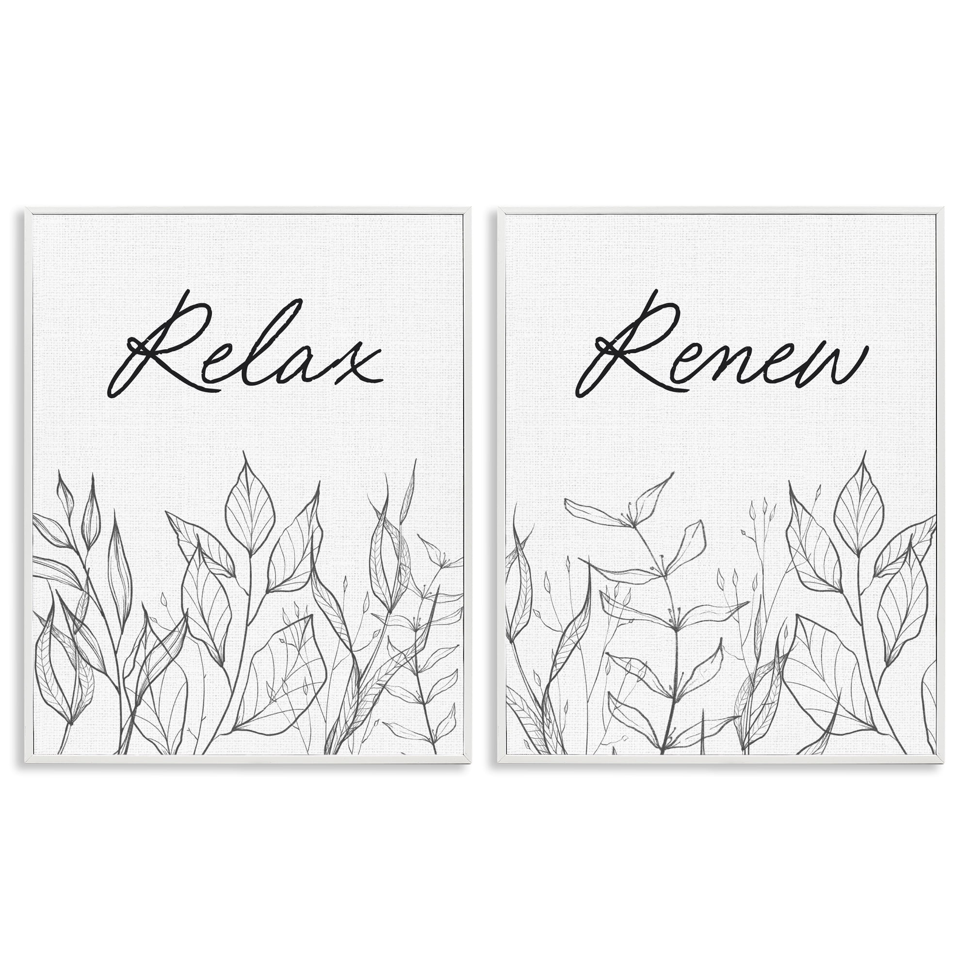 Relax and Renew Leaf Outlines 2 Piece White Framed Giclee Art Set, design by Lettered and Lined