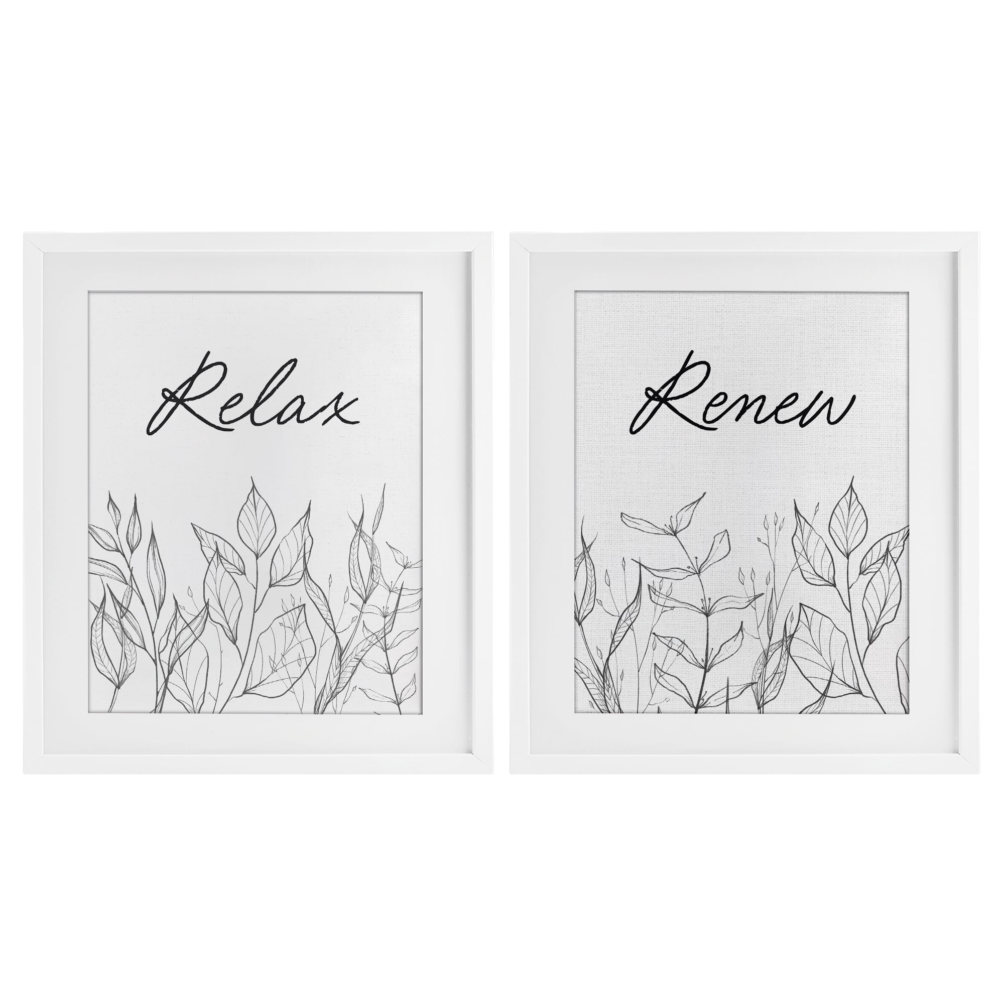 Relax and Renew Leaf Outlines 2 Piece White Framed Print Under Glass Set, design by Lettered and Lined