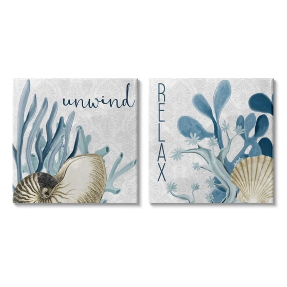 Relax and Unwind Nautical Sentiments Shell Features Coastal Gallery-Wrapped Canvas Print Wall Art, Set of 2, 17x17