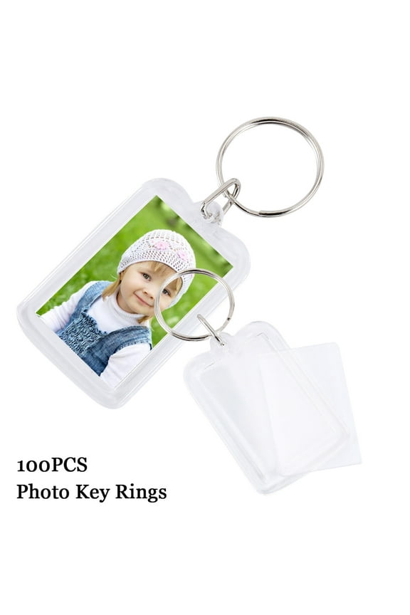 100pcs Blank Photo Frame Keyrings Acrylic Blank Picture Insert Keychain Double Sided Clear Key Ring with Split Ring ,for Crafting Gifts for Family Friends