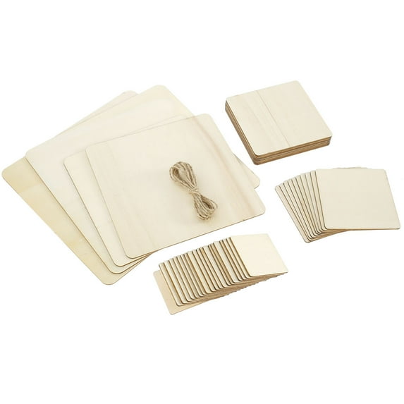 Relax love 44pcs Unfinished Wood Square,with Hole and with 2M Rope Wood Gift Tags Different Size
