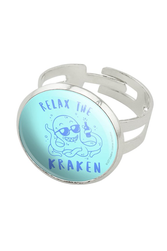 Relax the Kraken Funny Humor Silver Plated Adjustable Novelty Ring