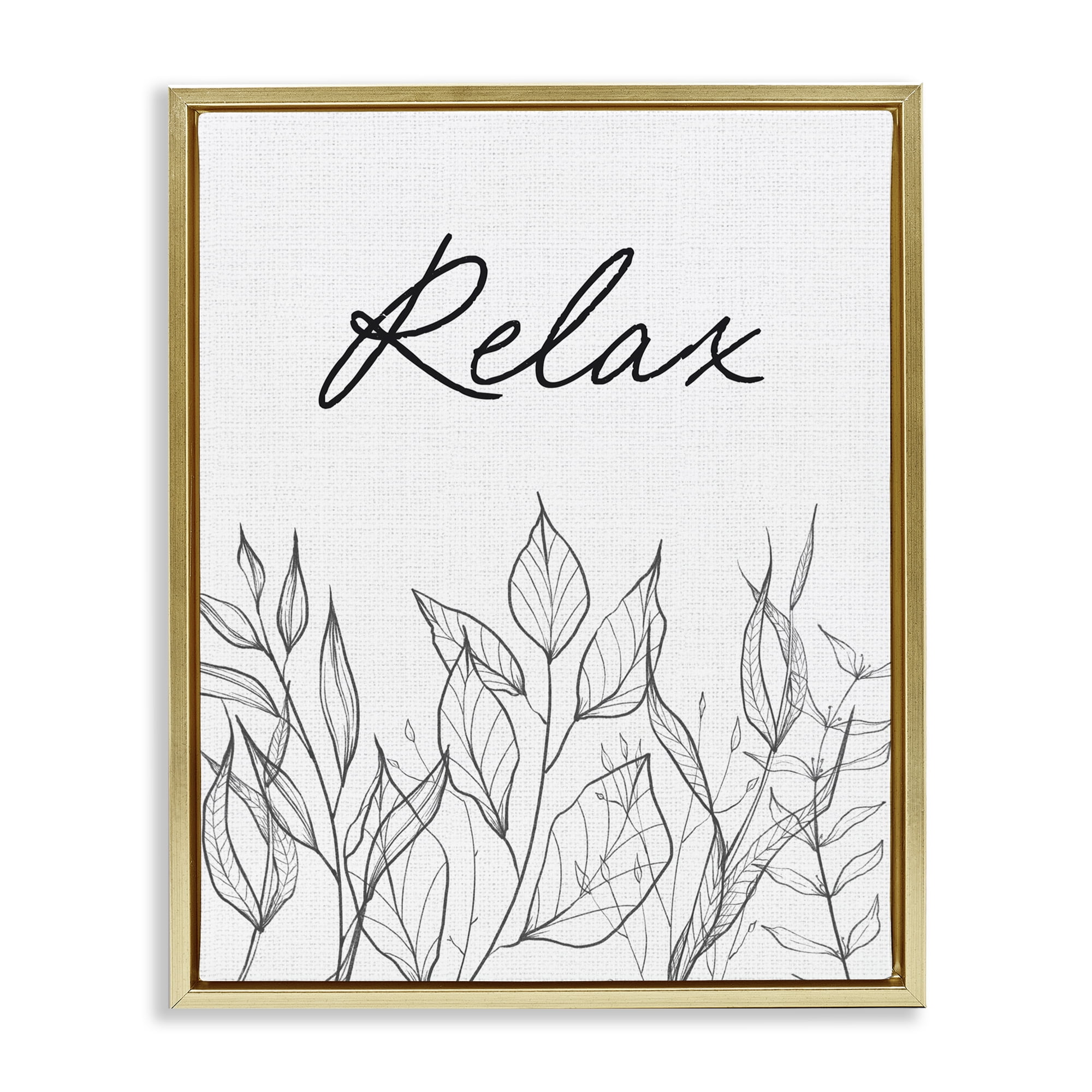Relax with Leaf Outlines Gold Framed Floater Canvas Wall Art, design by Lettered and Lined