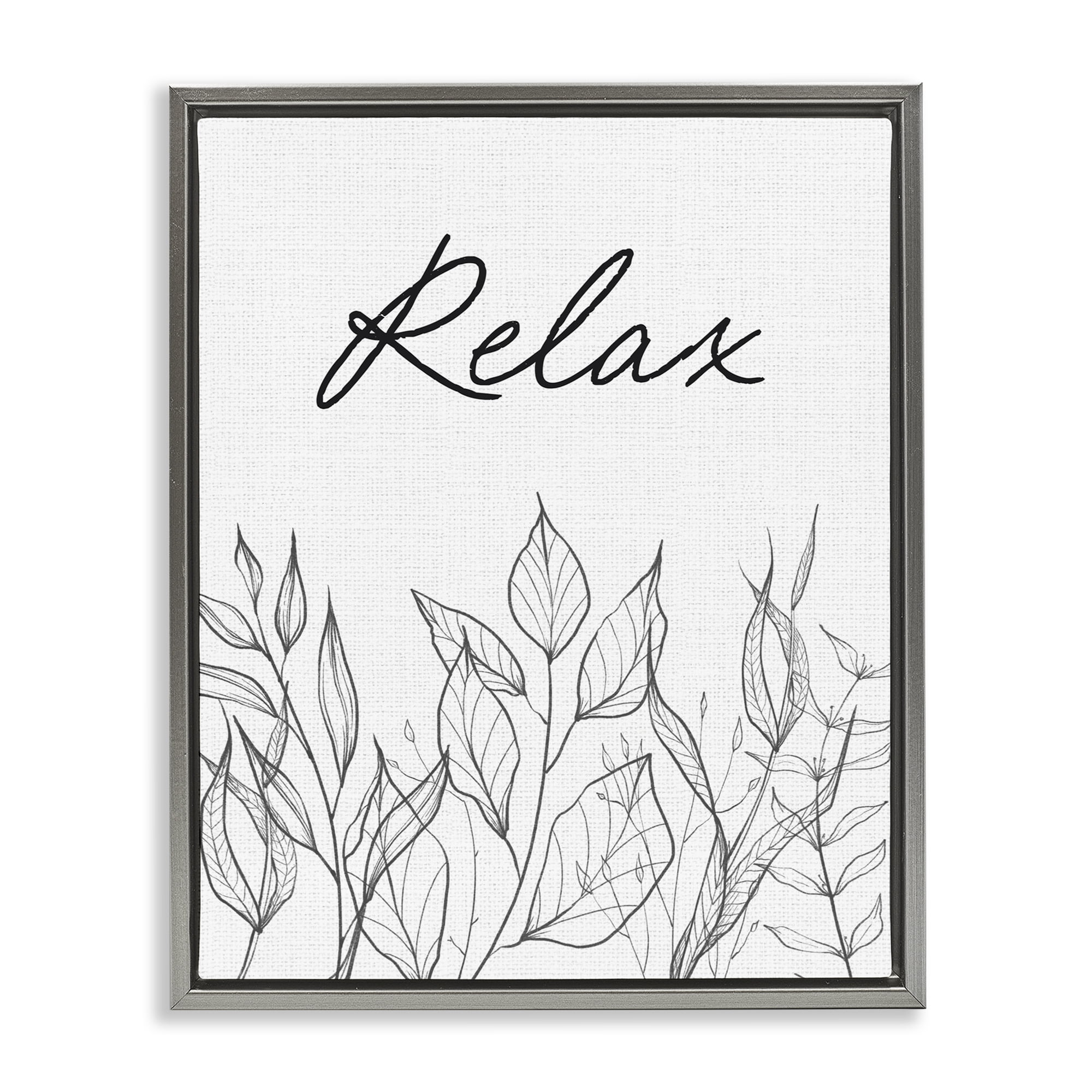 Relax with Leaf Outlines Gray Framed Floater Canvas Wall Art, design by Lettered and Lined