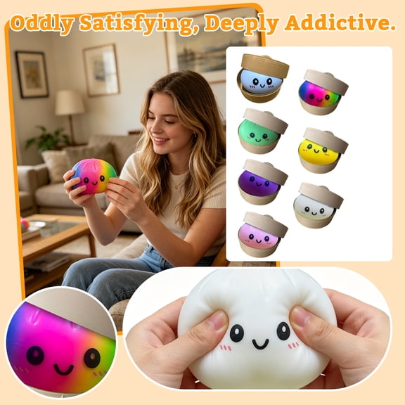 Relaxation Toys, Jumbo Dumpling Squishies, Dumpling Squishies Toys, Huge Dumpling Squeeze, 7X7X3.5 Inch Yellow Steamed Bun Squeeze with Steamer Container, Soft Slow Rise Squeeze