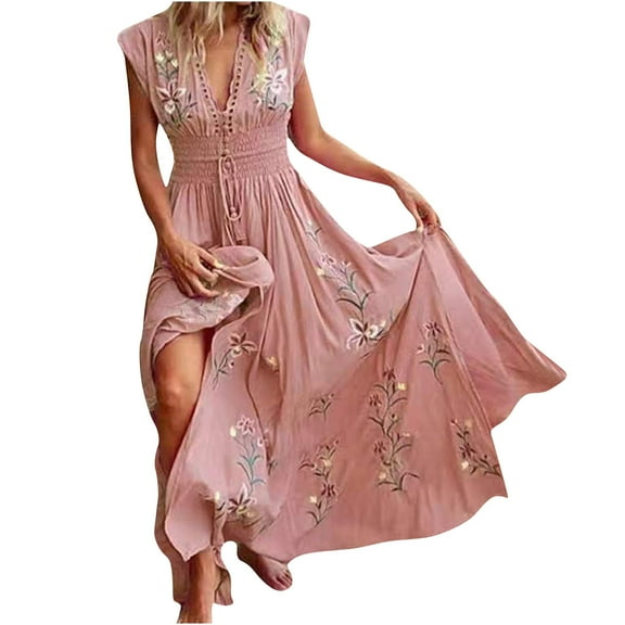Relaxed Bohemian Beach Sleeveless V-Neck Dress With Fixed Elastic Waist Summer Beach Vacation Outfit Trendy Long Dresses Floral Print Semi Formal Dresses Flowy Lounge Lightweight Dress