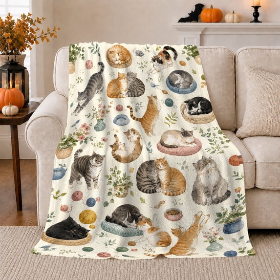 Relaxed Cats Yarn By Lit Lantern Watercolor, Festive Pet Portrait Pattern, Warm Flannel Blanket for Living Room and Reading Nook, Cat Lovers Friendship Gift, Pet Lover Home Decor