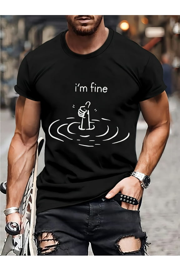 Relaxed Comfort, Men's "I'm Fine" Black T-Shirt - Casual Breathable Cotton Top with White Graphic Print, Crew Neck, Short Sleeves - Ideal for All-Season Comfort and Vacation Wear