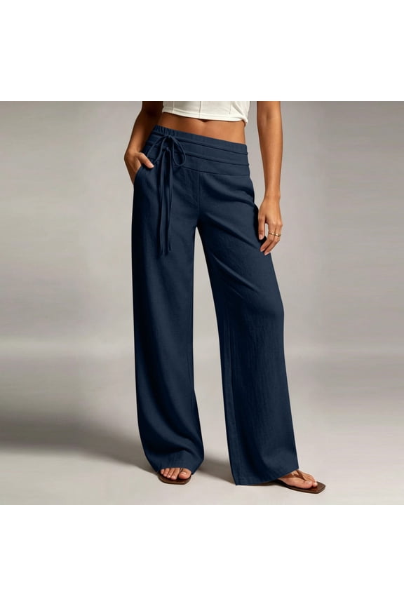 Relaxed Fit Ankle Pants Women Solid Color Linen Blend Straight Leg Trousers Button Zipper Fly Half Elastic Waist Fashion Casual Pants with Multi Side Pockets Navy XXL
