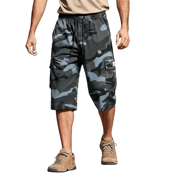 Relaxed Fit Camouflage Cargo Shorts Men's Casual Drawstring Capri Cargo Pants Camo Shorts Multi-Pocket Elastic Waist, L
