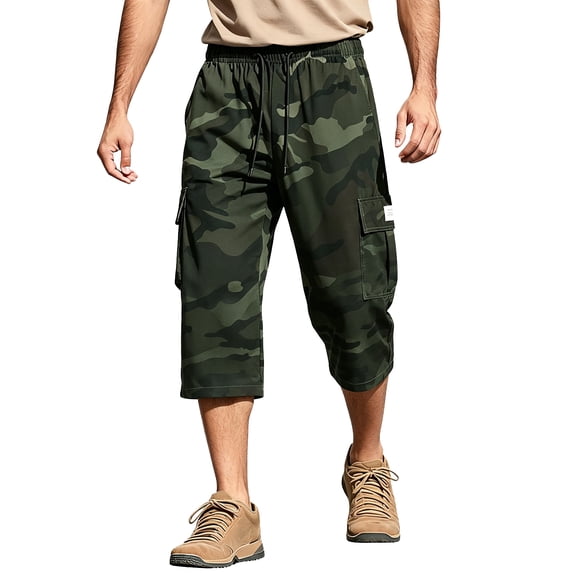 Relaxed Fit Camouflage Cargo Shorts Men's Casual Drawstring Capri Cargo Pants Camo Shorts Multi-Pocket Elastic Waist, XL
