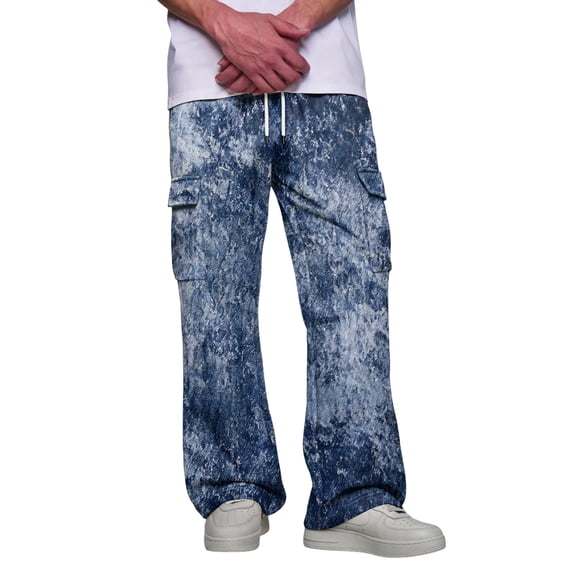 Relaxed Fit Cargo Pants For Men Tie‑Dye Print Wide Leg Long Trousers Elastic Drawstring Waist Casual Work Pants