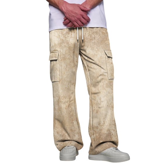 Relaxed Fit Cargo Pants For Men Tie‑Dye Print Wide Leg Long Trousers Elastic Drawstring Waist Casual Work Pants