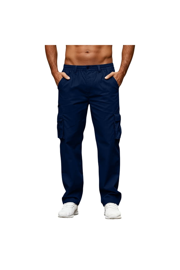 Relaxed Fit Cargo Pants Mens Casual High Waisted Drawstring Pants with Pockets Work Trousers Straight Leg Jeans Navy M