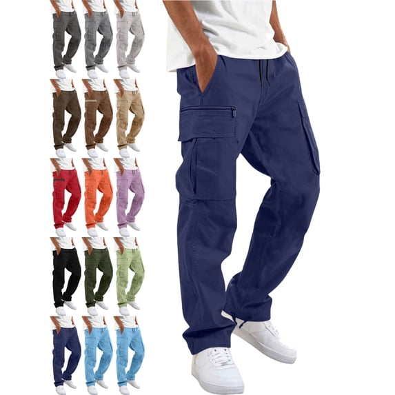 Relaxed Fit Cargo Pants for Men Straight Leg Elastic Waist Drawstring Multi Pocket Durable Casual Pants