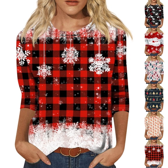 Relaxed Fit Crew Neck 3/4 Sleeve Top For Women Christmas Printed Holiday Shirt 3XL