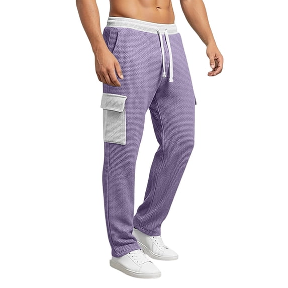 Relaxed Fit Drawstring Cargo Pants for Men Waffle Knit Textured Trousers Side Pockets Breathable Bottoms Casual Lounge Home-wear