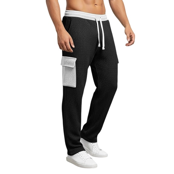 Relaxed Fit Drawstring Cargo Pants for Men Waffle Knit Textured Trousers Side Pockets Breathable Bottoms Casual Lounge Home-wear