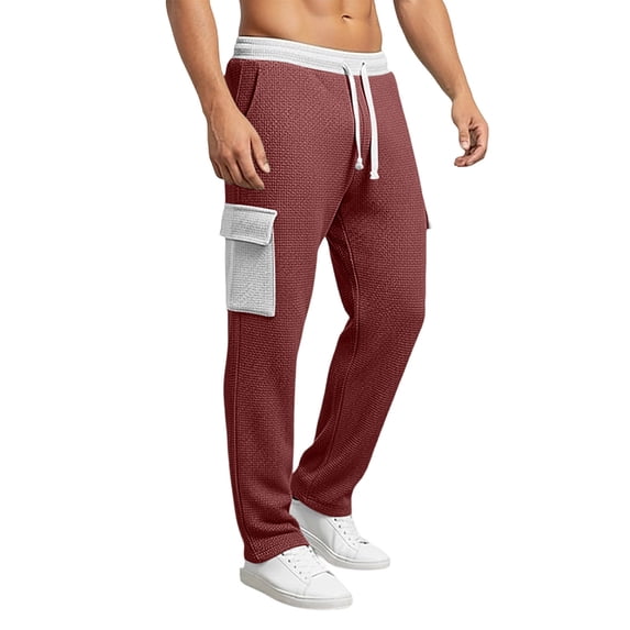 Relaxed Fit Drawstring Cargo Pants for Men Waffle Knit Textured Trousers Side Pockets Breathable Bottoms Casual Lounge Home-wear