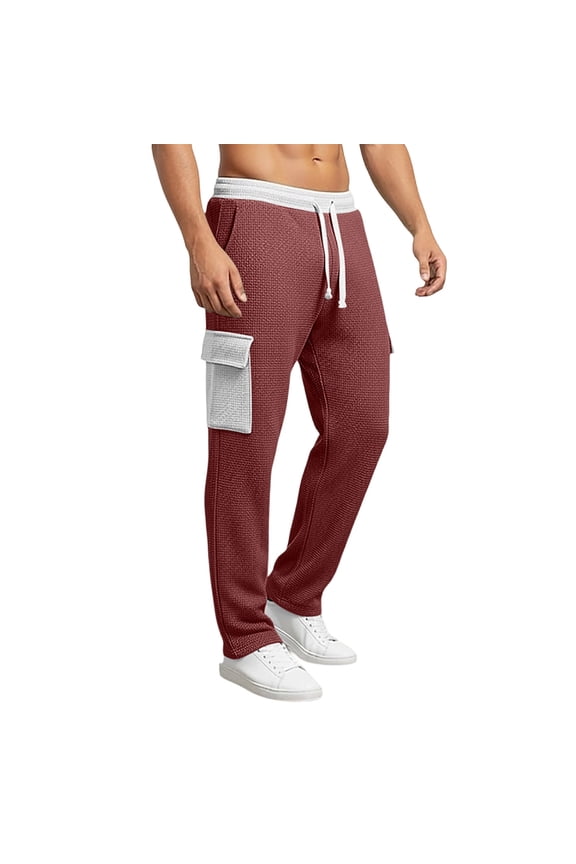 Relaxed Fit Drawstring Cargo Pants for Men Waffle Knit Textured Trousers Side Pockets Breathable Bottoms Casual Lounge Home-wear