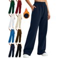 thumbnail image 1 of Relaxed Fit Fleece Pants for Women Elastic Waist Wide Leg Solid Color Loose Basic Warm Casual Everyday Winter Home Lounge Sweatpants, 1 of 9