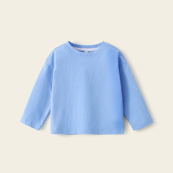 Relaxed Fit Girls Long Sleeve Crewneck Tee, 100% Cotton Solid Blue Kids Shirt, Durable for Daily Play, School & Layering (Ages 1-8),Size 5-6T