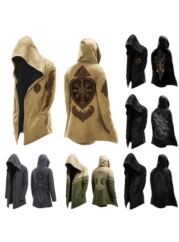 Relaxed Fit Norse Mythology Hooded Jacket Streetwear Long Sleeve Cardigan Coat