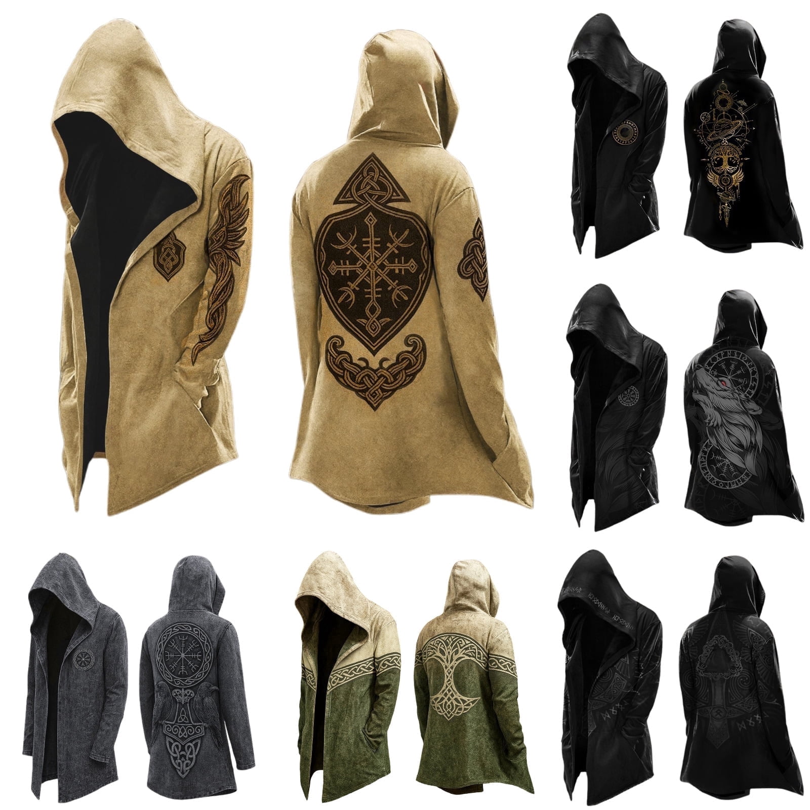 Relaxed Fit Norse Mythology Hooded Jacket Streetwear Long Sleeve Cardigan Coat