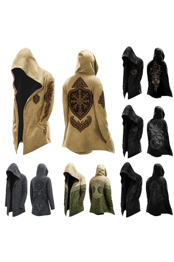 Relaxed Fit Norse Mythology Hooded Jacket Streetwear Long Sleeve Cardigan Coat