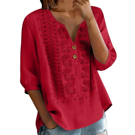 Relaxed Fit Retro Shirts Women's V Neck Embroidered Button Detail Tops Cotton Linen Feel Short Sleeve Blouse Thin Breathable Casual Tees for Vacation Shopping Daily Wear Red L
