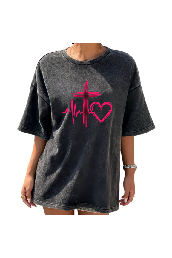 Relaxed Fit Stone Washed Black Graphic Tees Love Heartbeat Print Tshirt Daily Wear Shirts S-2XL Tops