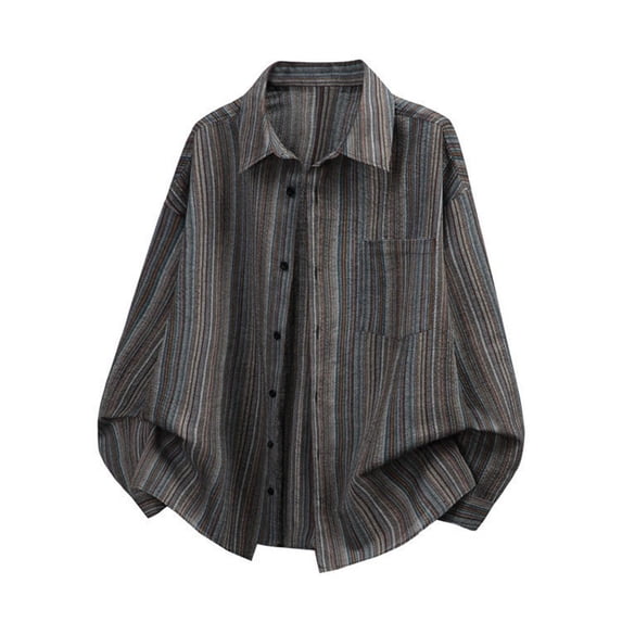 Relaxed Fit Striped Long Sleeve Shirt Casual Button Down Woven Top Classic Comfortable Design Coffee XXXXXL