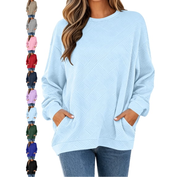 Relaxed Fit Sweatshirt for Women Crewneck Pullover Long Sleeve Textured Top with Pockets