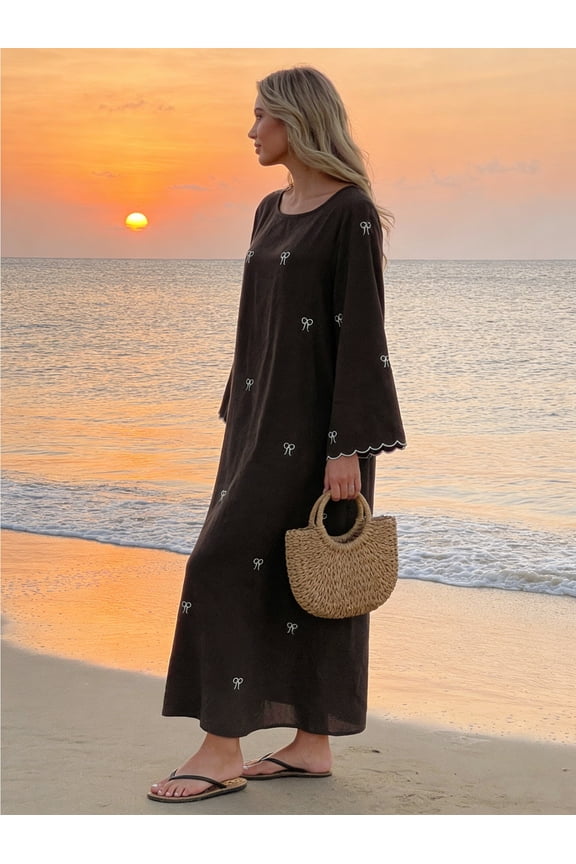 Relaxed Fit Woven Polyester Maxi Dress with Bow Embroidery and Scalloped Cuffs Long Sleeve Chocolate Brown Coquette Aesthetic Fall Casual Gown