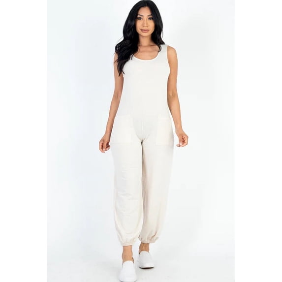 Relaxed French Terry Sleeveless Scoop Neck Jumpsuit with Front Pocket