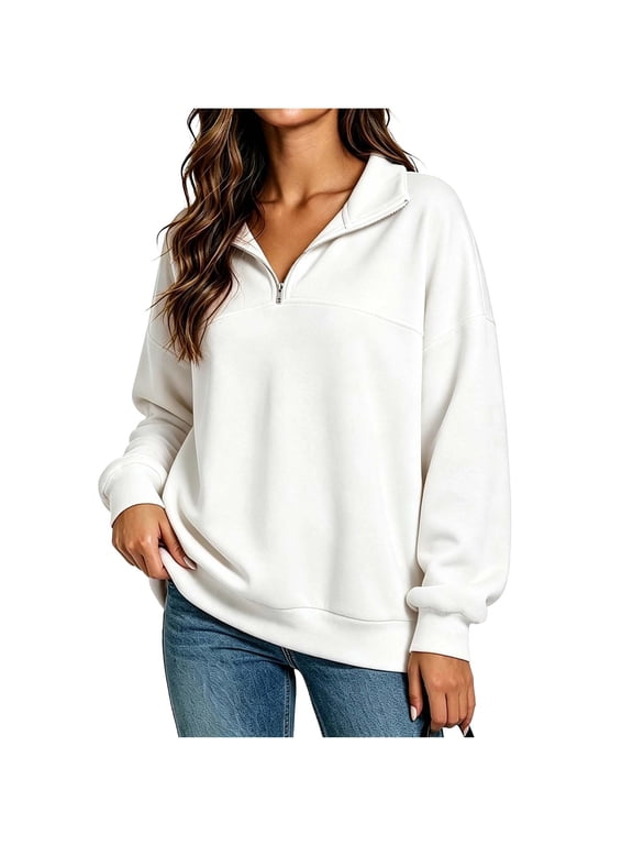 Relaxed Half Zip Pullover Women Oversized Sweatshirt Long Sleeve V Neck Collar Fall Winter Soft Fleece Lined Basic Casual Tunic Top for Travel and Lounge Wear