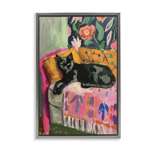Stupell Industries Relaxed Kitty on Couch Gray Framed Floater Canvas Wall Art, design by LSR Design Studio