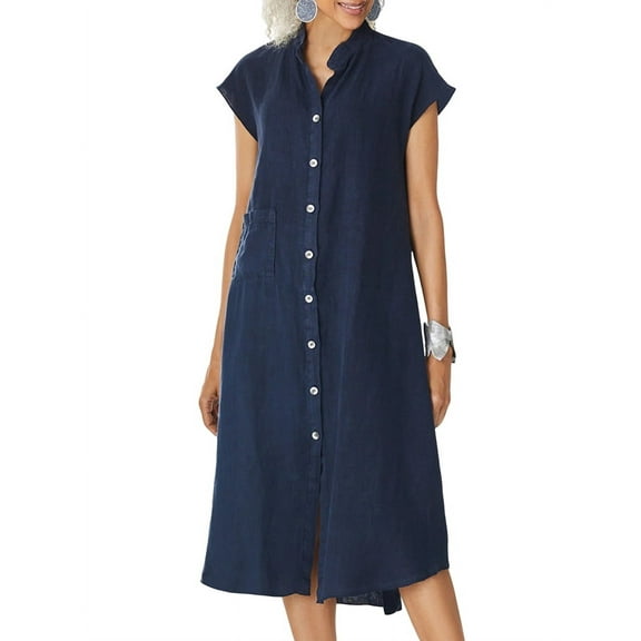 Relaxed Linen Midi Shirt Dress Navy Blue M