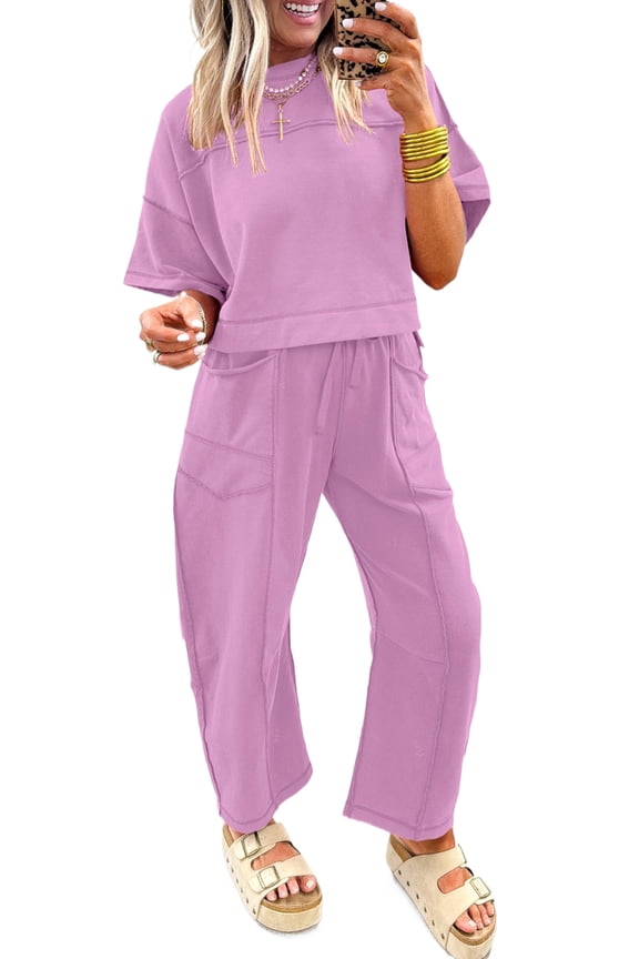 Relaxed Summer Lounge Set – Women's Boxy Short Sleeve Tee and High Waist Pocket Pants, M