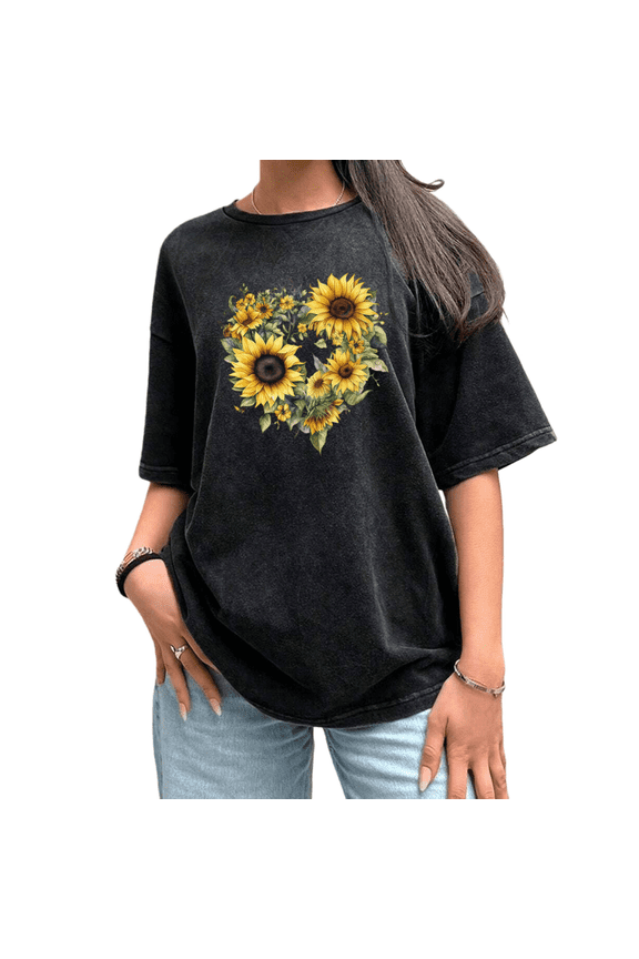 Relaxed Trapeze Fit Vintage Dip Washed Black Print Tshirt Sunflower Heart Mosaic Shirts Vibrant Graphic Tees S-2XL Women Tops
