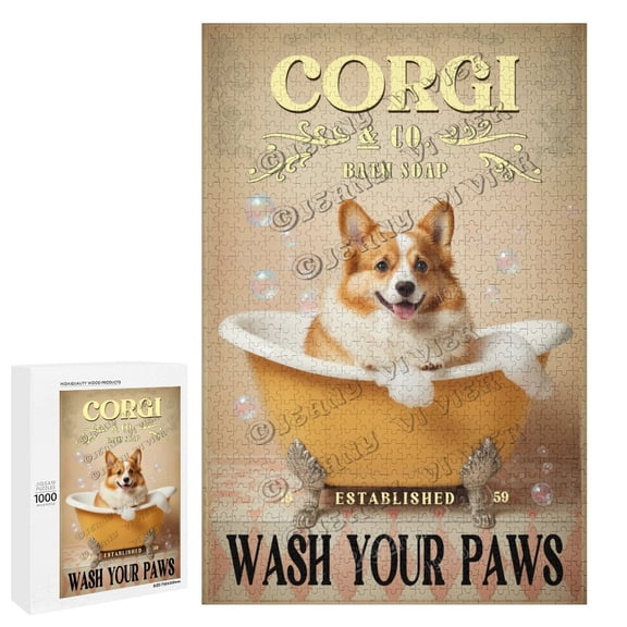 Relaxing 1000 Piece Wooden Puzzle Corgi Wash Your Paws Scene Playful Dog Art for Adults' Screen-Free Hobby & Wall Dcor